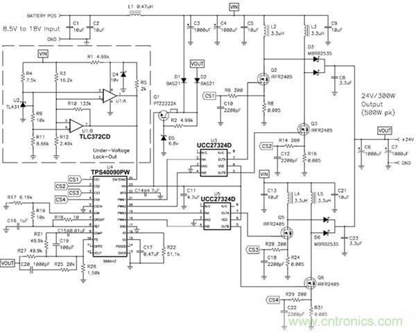 TPS40090 多相降壓控制器的 4 相、300W 升壓電源