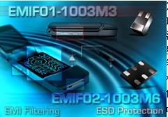 意法半導體推出兩款小封裝ESD保護和EMI濾波二合一產(chǎn)品EMIF01-1003M3、EMIF02-1003M6